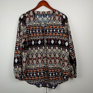 Navy blue/orange/tan print - lace up front boho